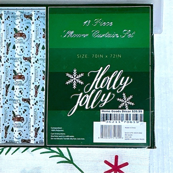 Holiday Shower Fabric Curtain Set Christmas Trucks 13 PC Set 70 x 72 White Red - Picture 9 of 16